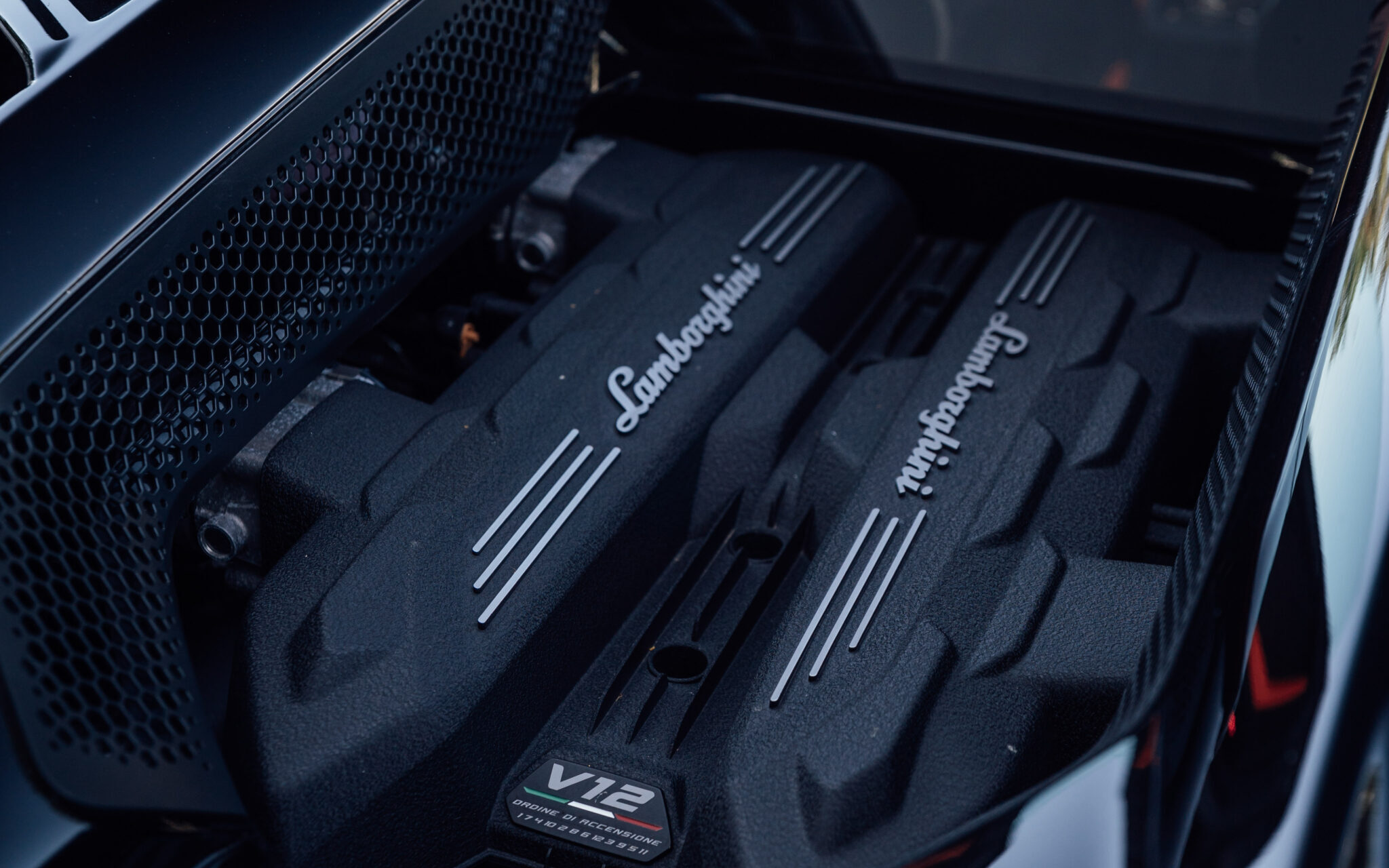 Lamborghini V12 Motor, Blick in den offenen Motorraum